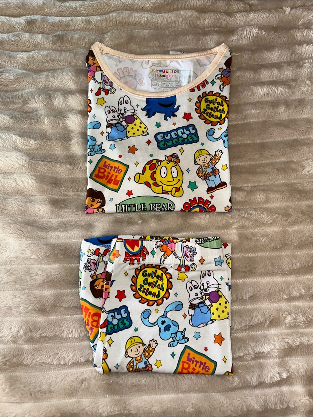 BAMBOO White Kids Pajama Set with Multicolor Cartoon Prints